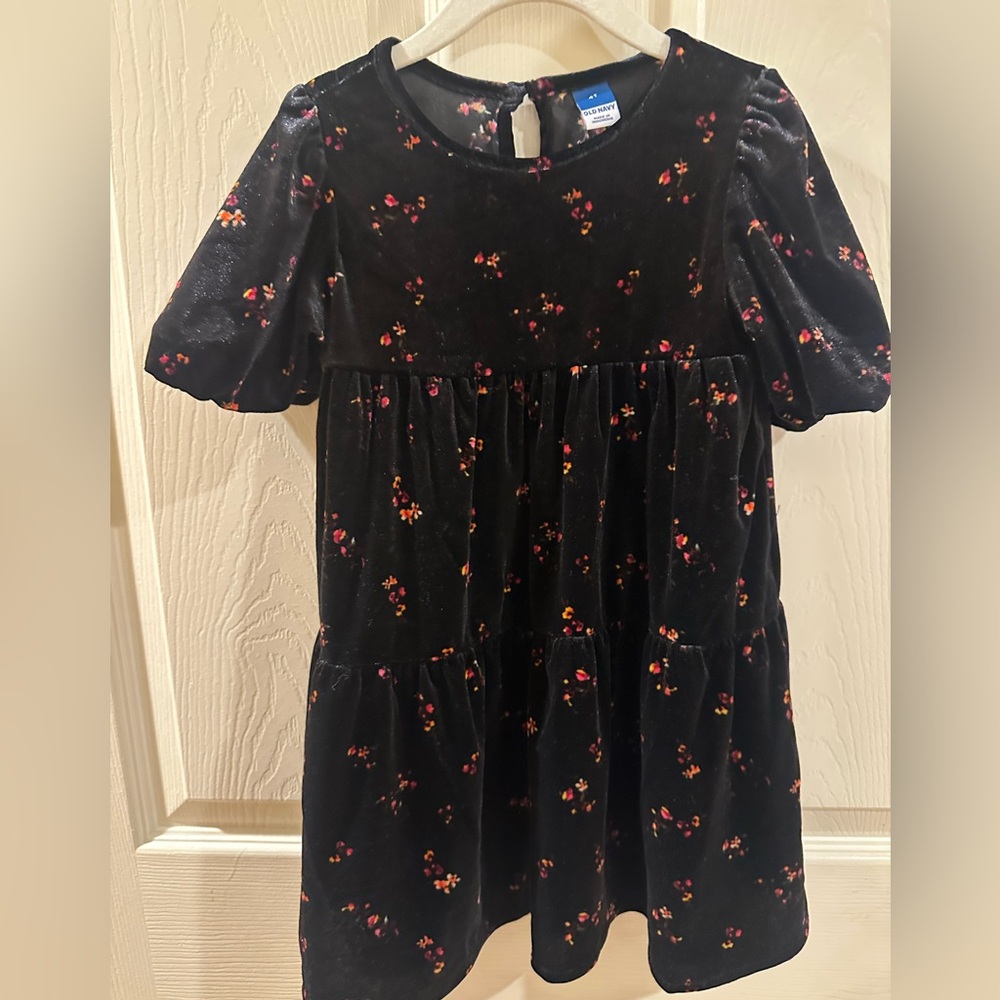 Old Navy Black Velvet Kids Dress with Floral Accents